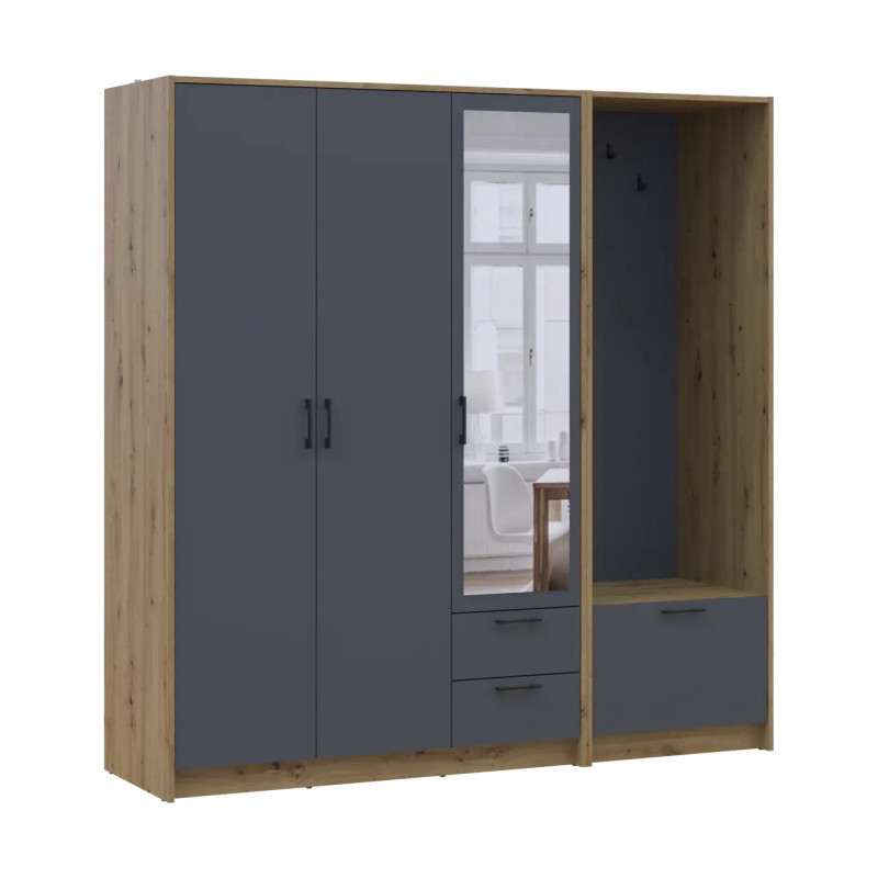 Шафа для одягу Doros Ронді з вішалкою та дзеркалом Дуб Артізан/Графіт 3 ДСП 181х52х195 (42005283)