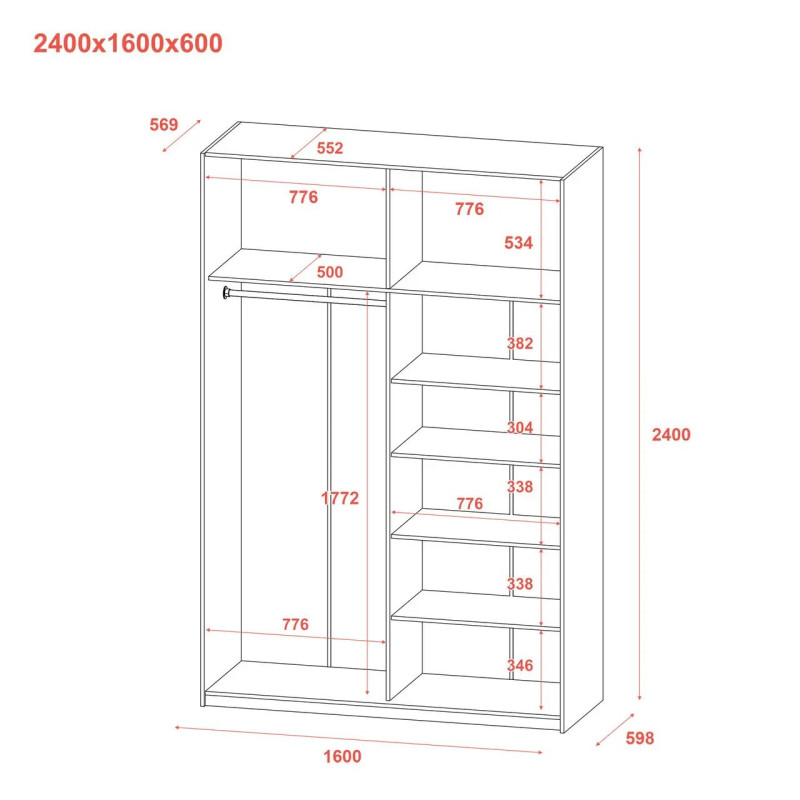 Шафа купе Doros G-Caiser Антрацит 2 Дзеркала / 3 частини 160х60х240 (42005409)